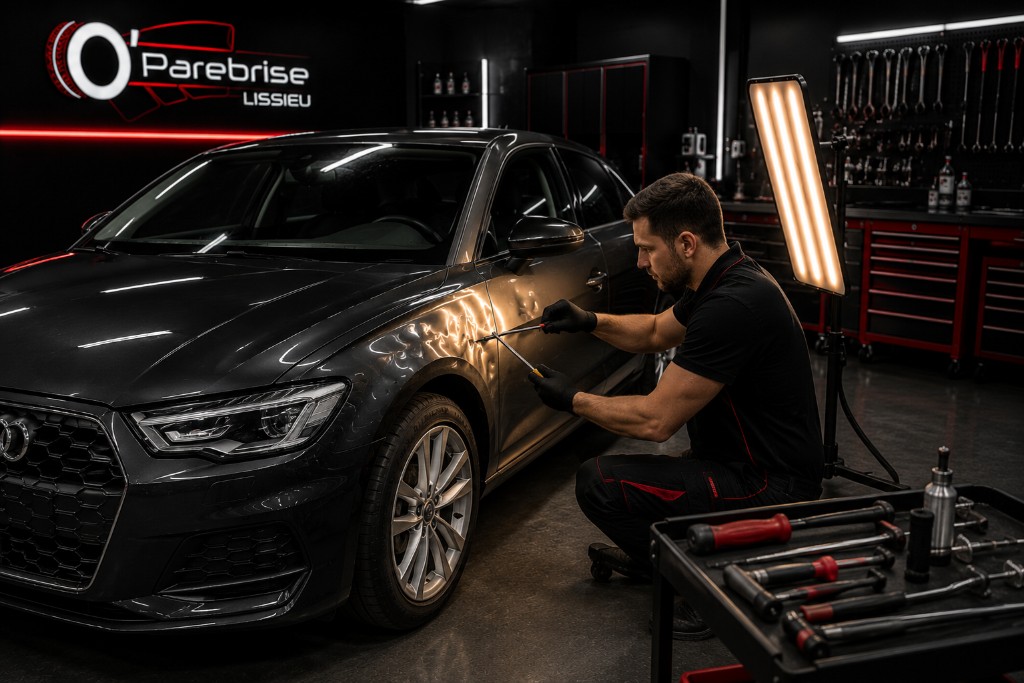 Technicien réalisant un débosselage sans peinture sur une Audi