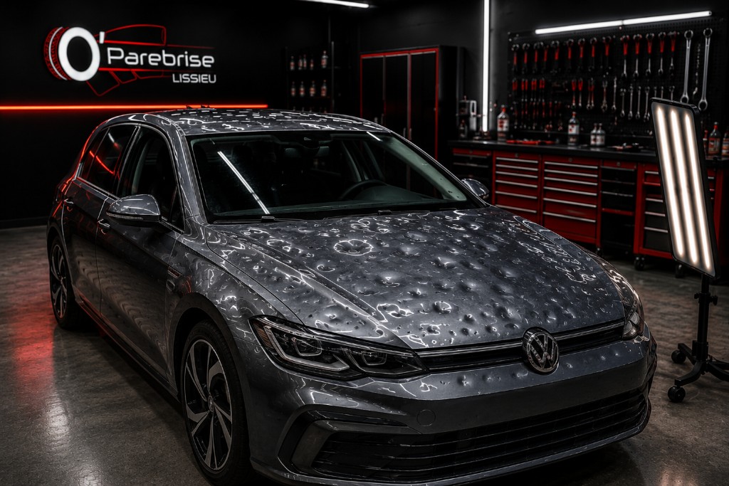 Volkswagen Golf avant débosselage — impacts de grêle sur le capot