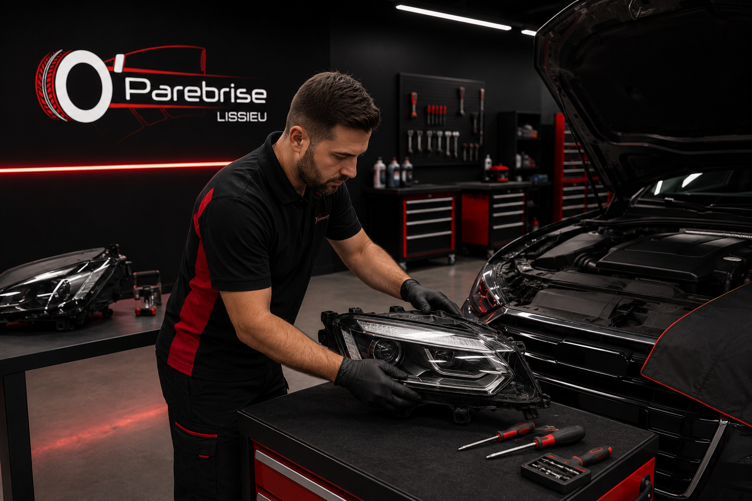 Technicien O'PAREBRISE LISSIEU préparant un bloc optique automobile